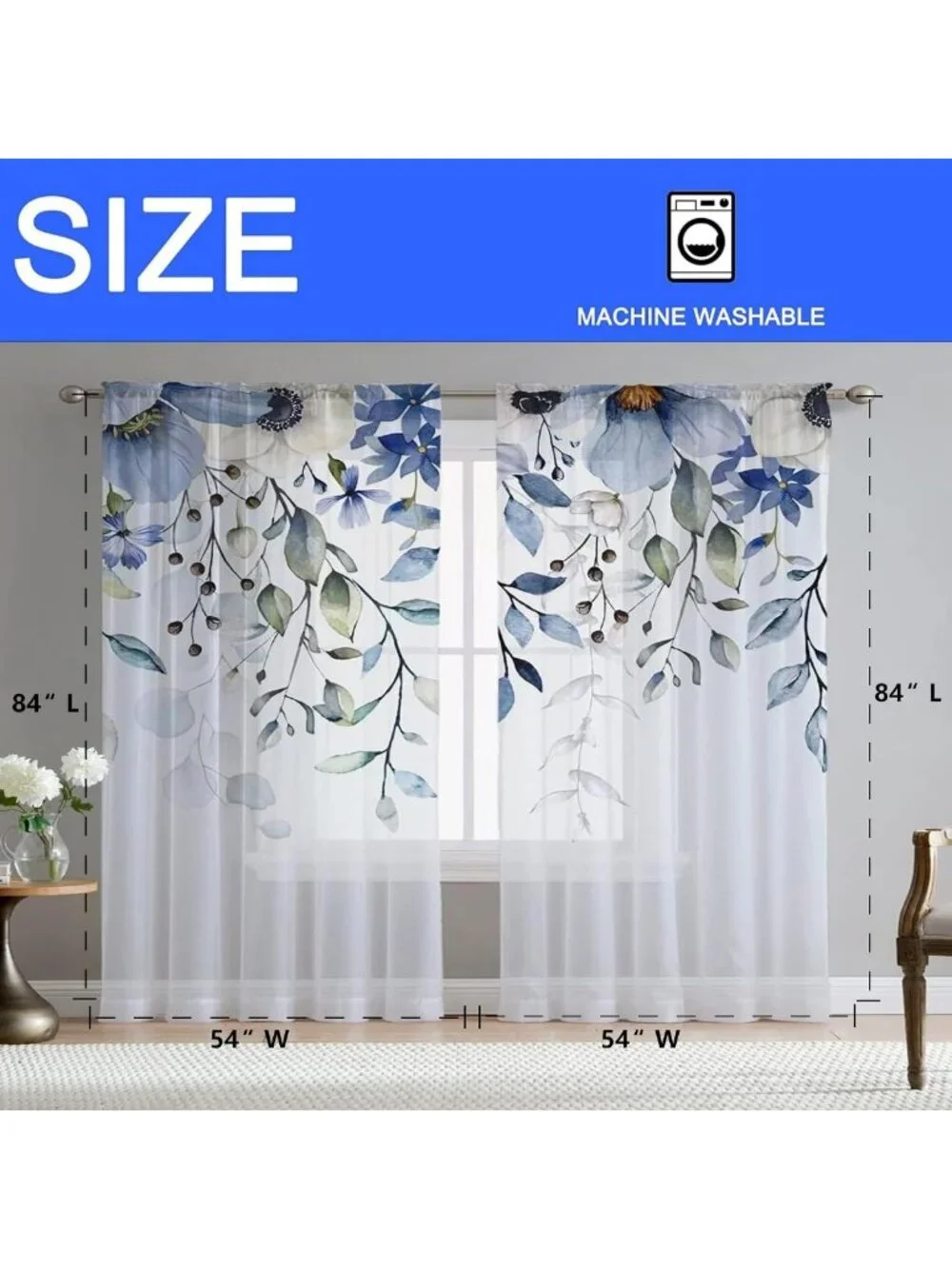 Elegant Blue Floral Sheer Curtains - 84